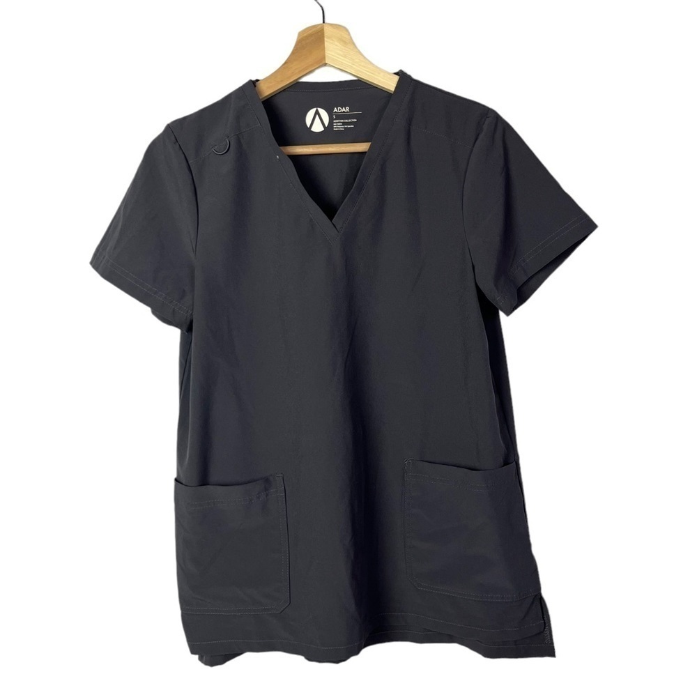 Adar Addition Dark‎ Gray Pocket Front Short Sleeve Scrub Top S